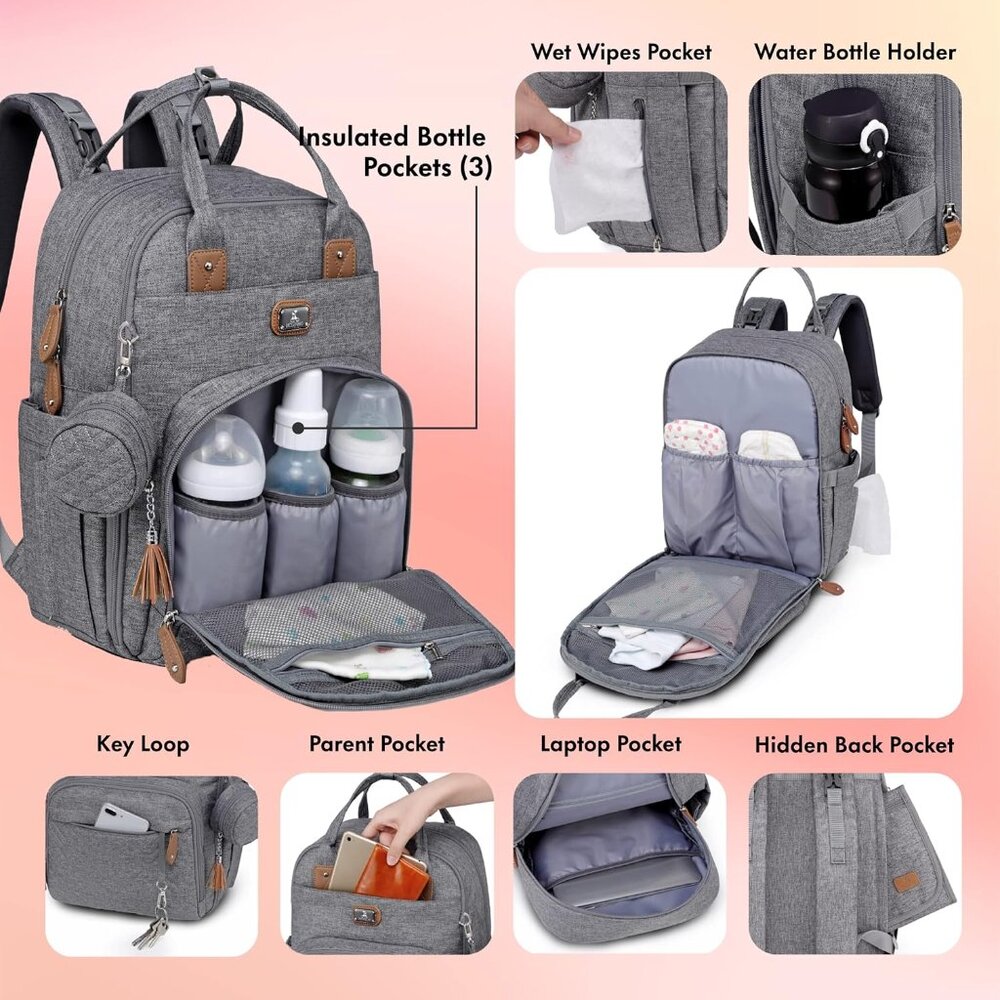 Dikaslon Chic Quilted Gray Backpack Diaper Bag with Tan Accents - Picture 5 of 13